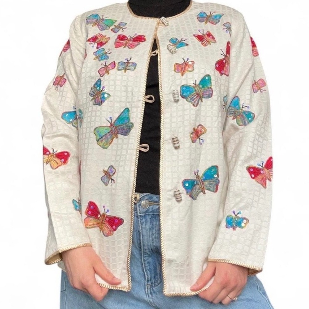 Indigo Moon Butterfly Embroidered Sequin Jacket Cream Plus Size 2X Boho Toggle
